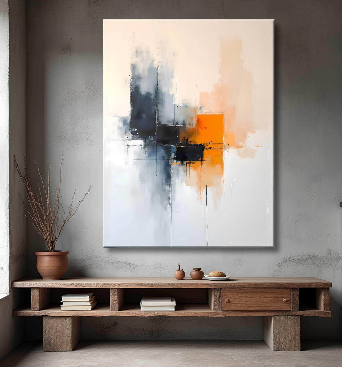 Tableau abstrait géométrique minimaliste aux teintes claires avec decor