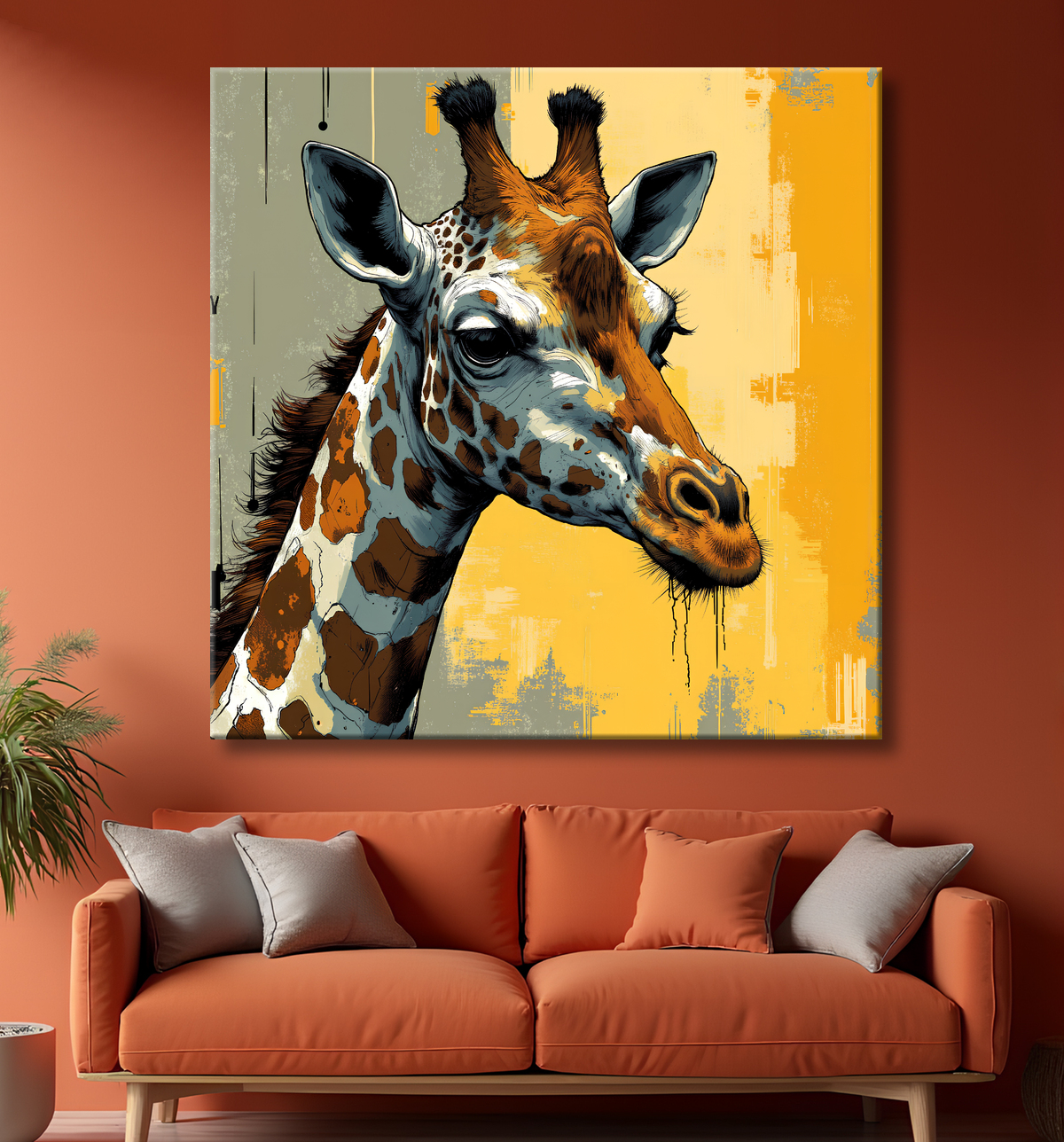 Tableau girafe moderne - Peinture animalière expressive et graphique avec decor