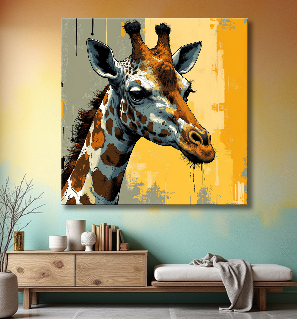 Tableau girafe moderne - Peinture animalière expressive et graphique avec decor