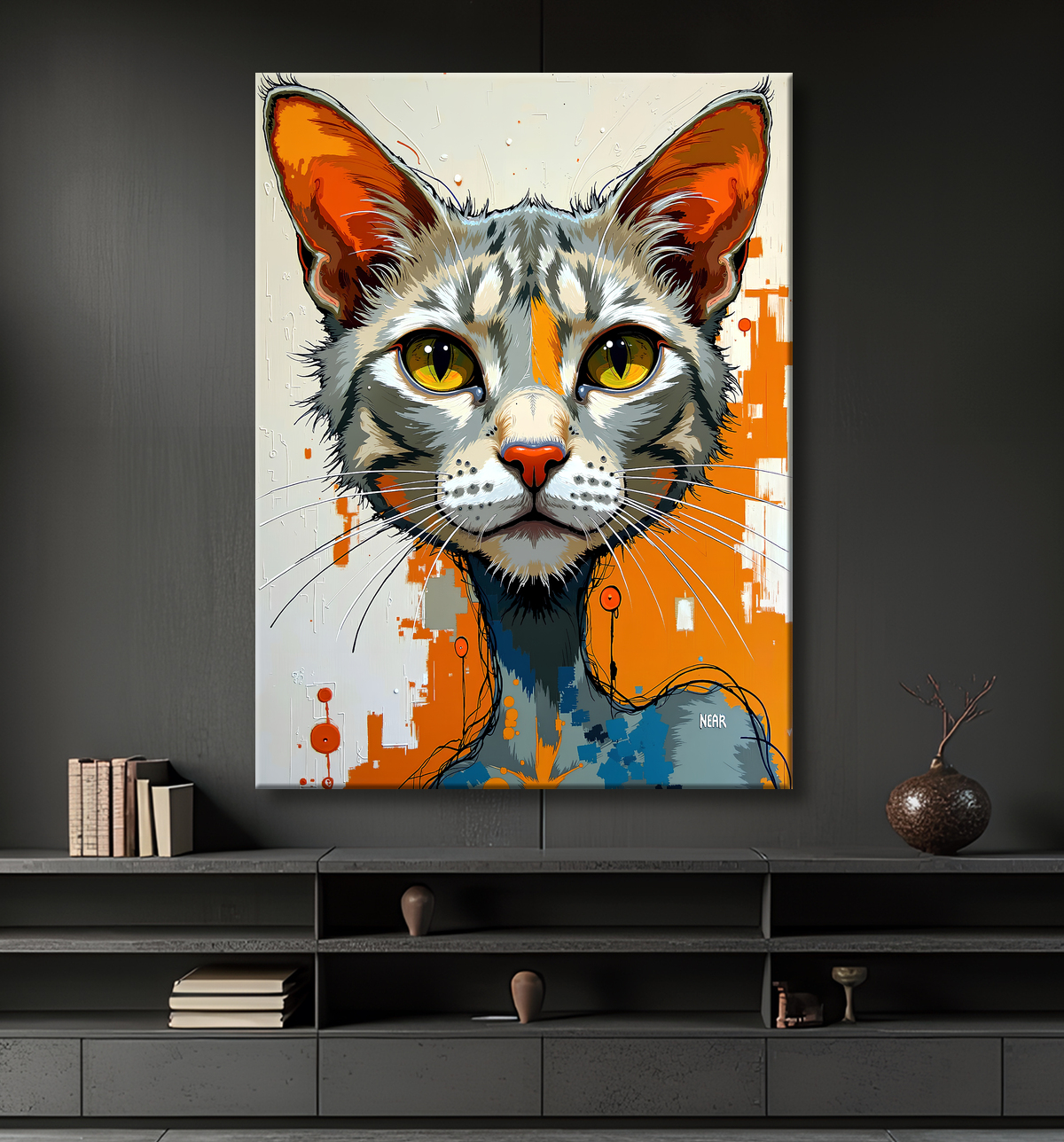 Tableau chat | Peinture expressive moderne chat avec decor