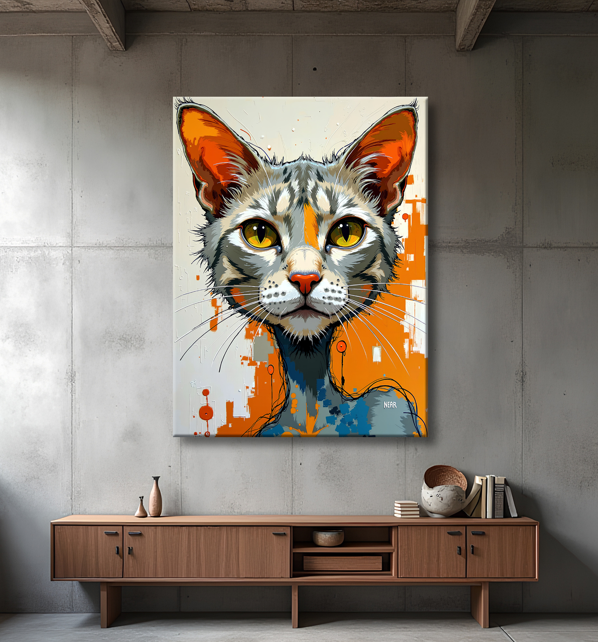 Tableau chat | Peinture expressive moderne chat avec decor