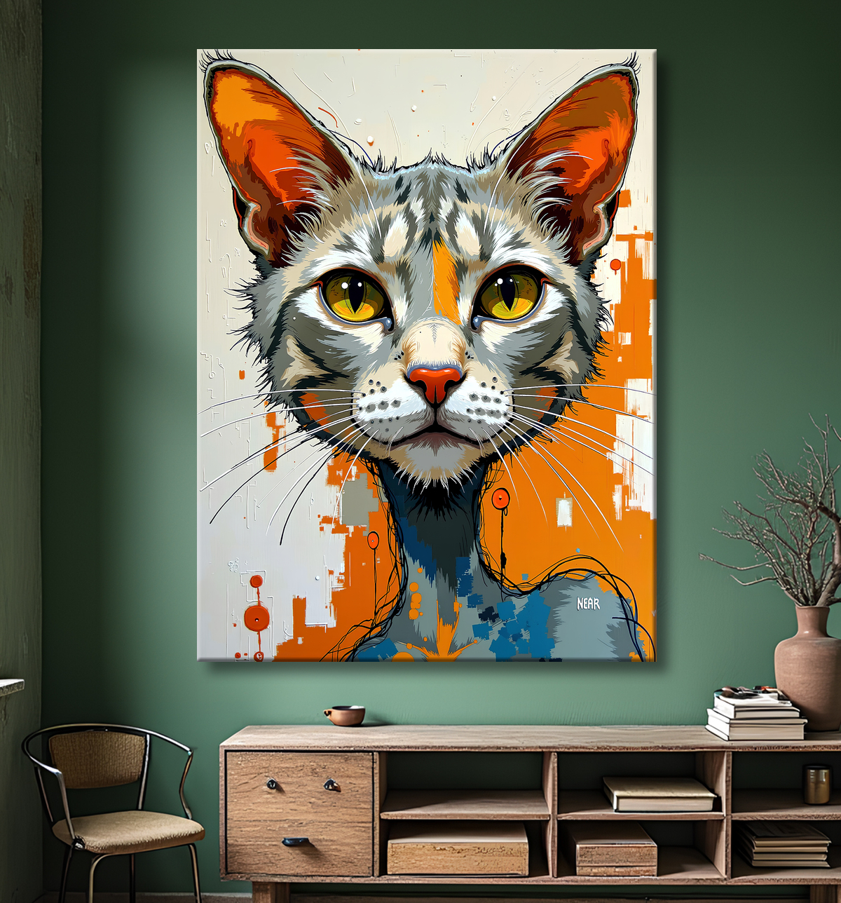 Tableau chat | Peinture expressive moderne chat avec decor
