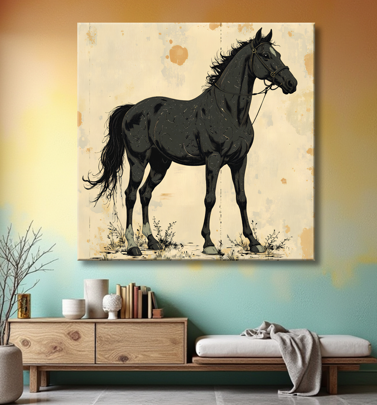 Tableau cheval | Peinture moderne expressive cheval avec decor