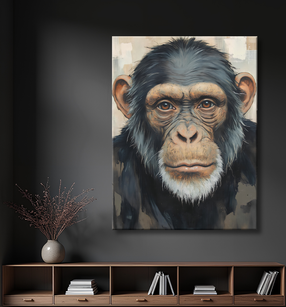 Tableau peinture de chimpanzé style texturé  avec decor