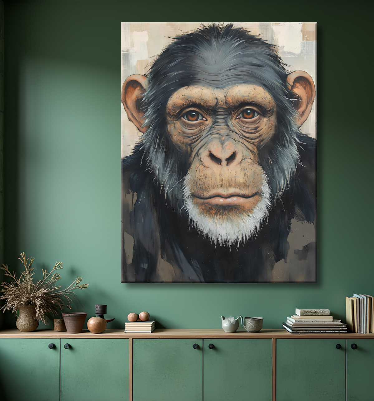 Tableau peinture de chimpanzé style texturé  avec decor