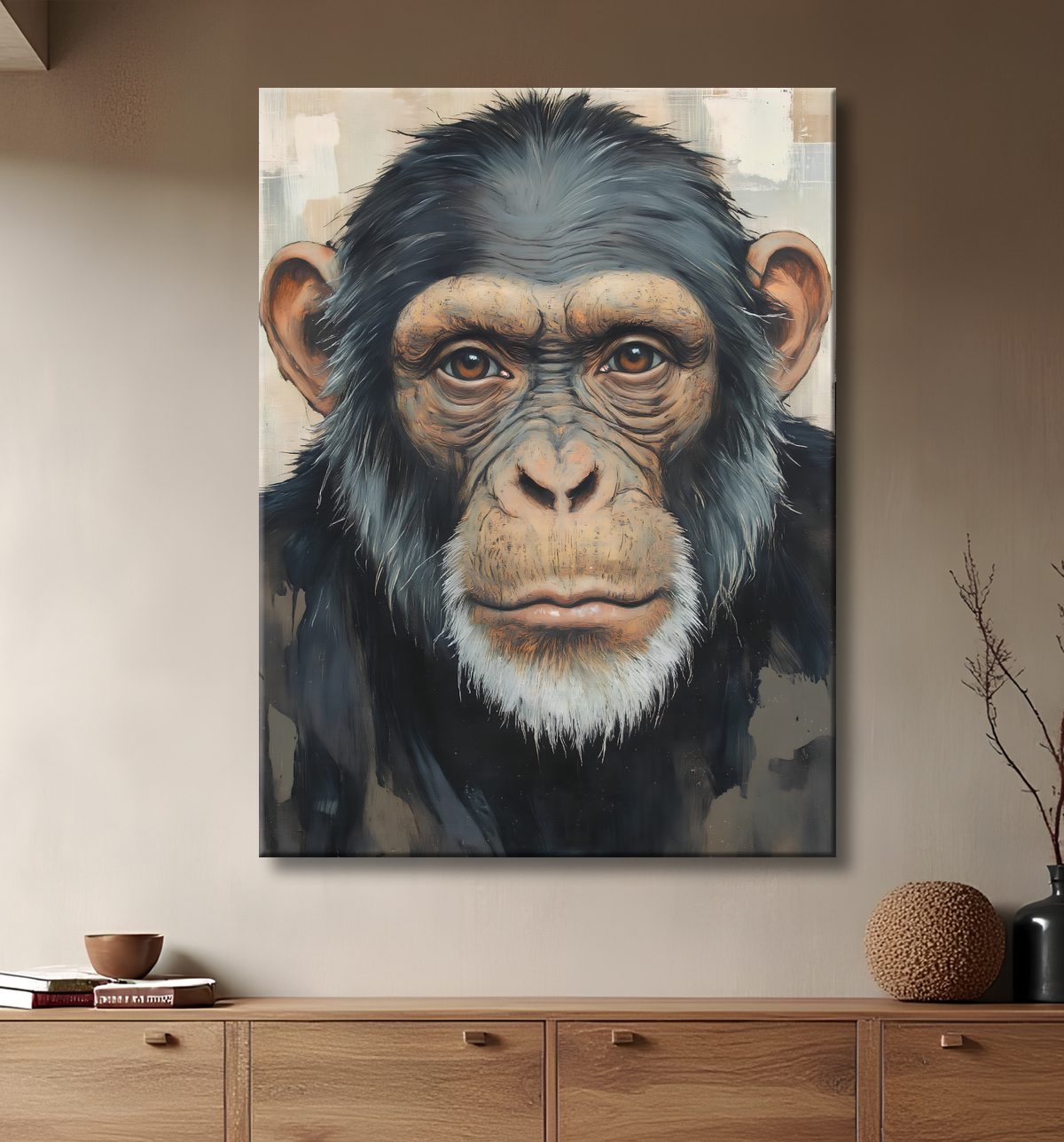 Tableau peinture de chimpanzé style texturé  avec decor