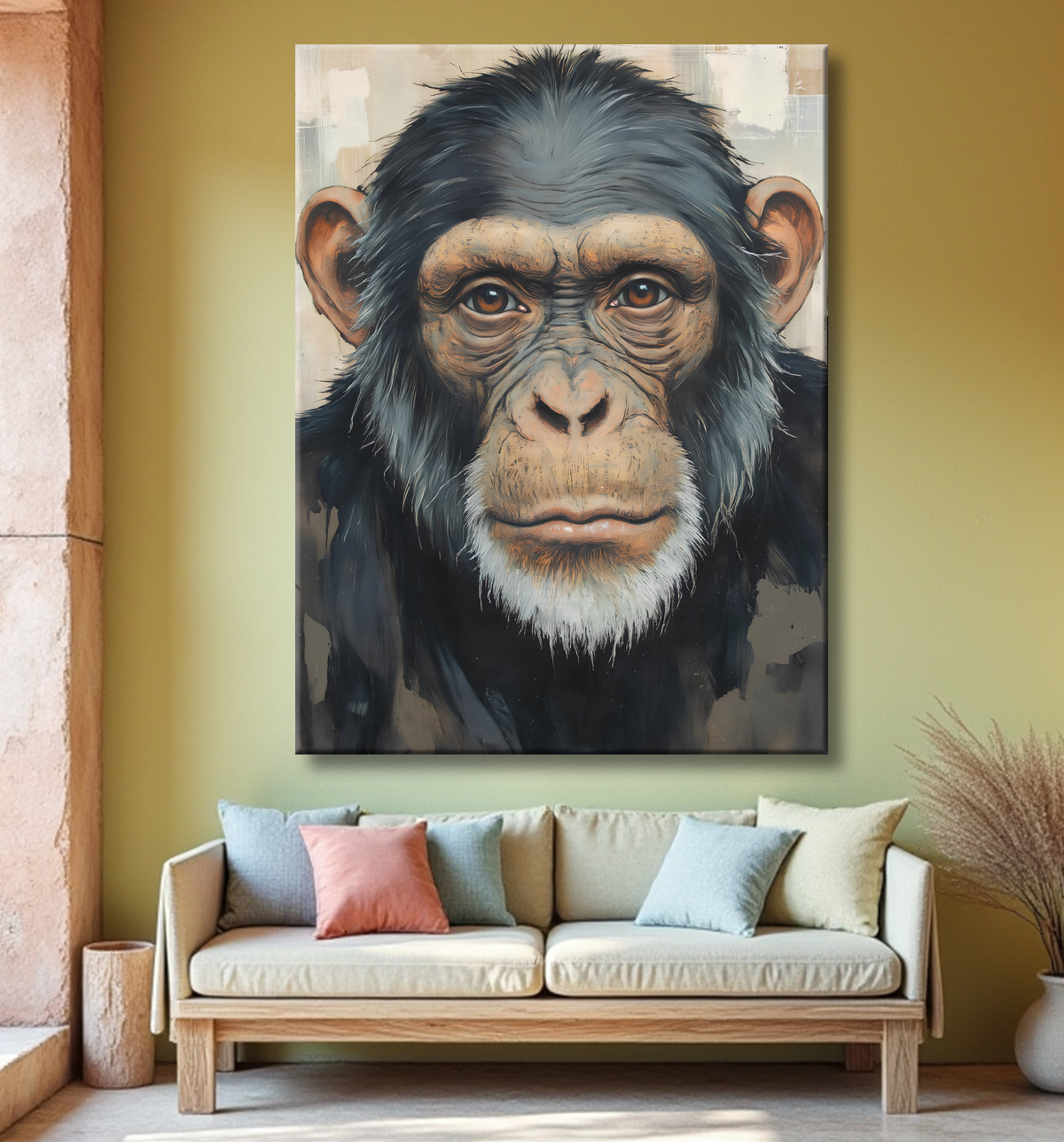 Tableau peinture de chimpanzé style texturé  avec decor