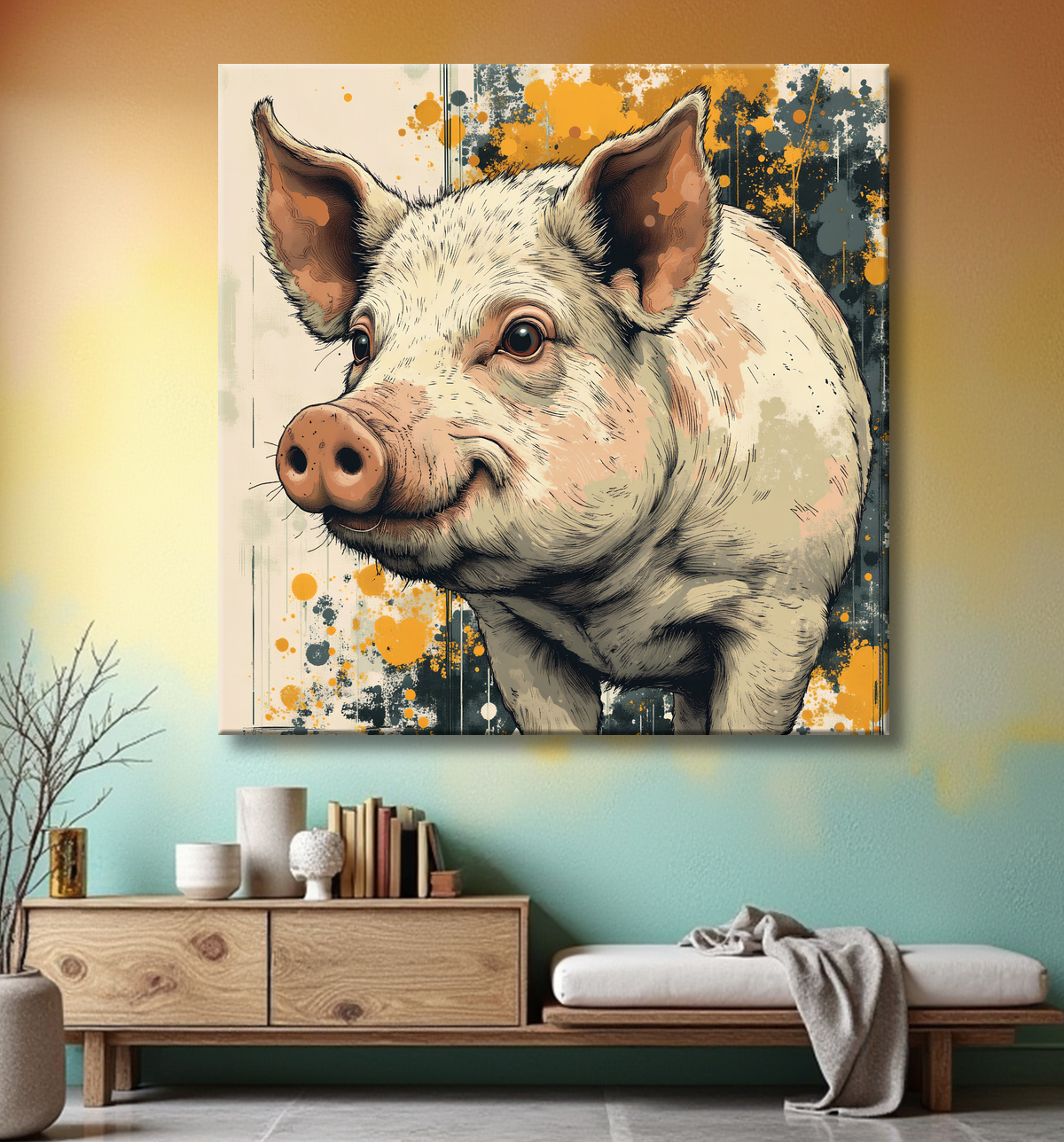 Tableau cochon - Peinture moderne et expressive avec decor