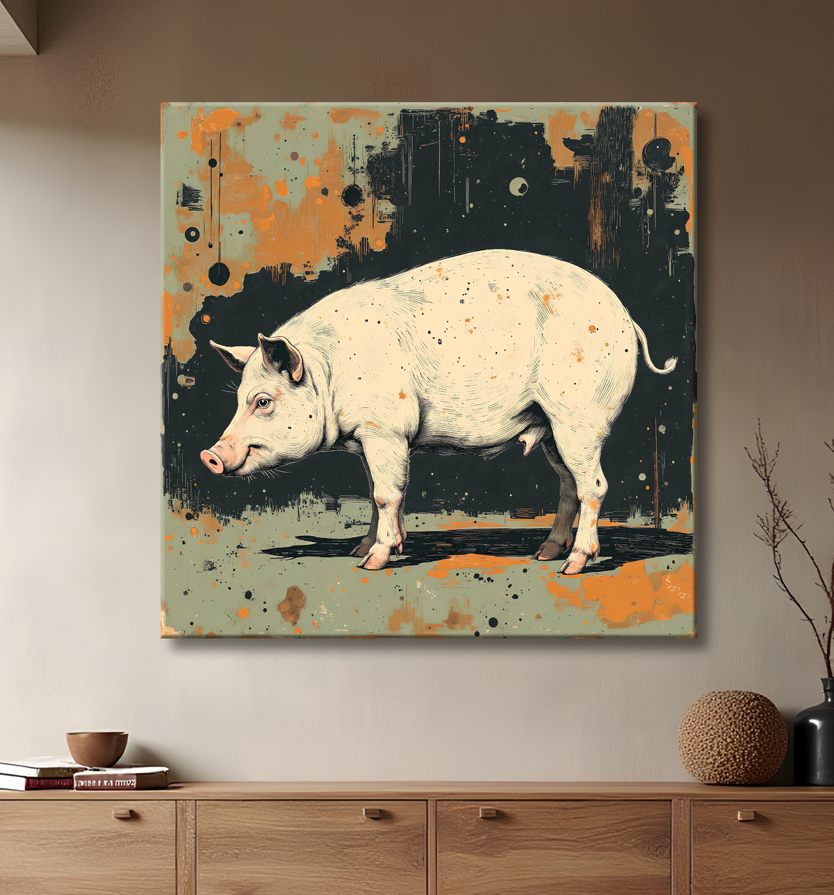 Tableau cochon - Peinture moderne et expressive avec decor