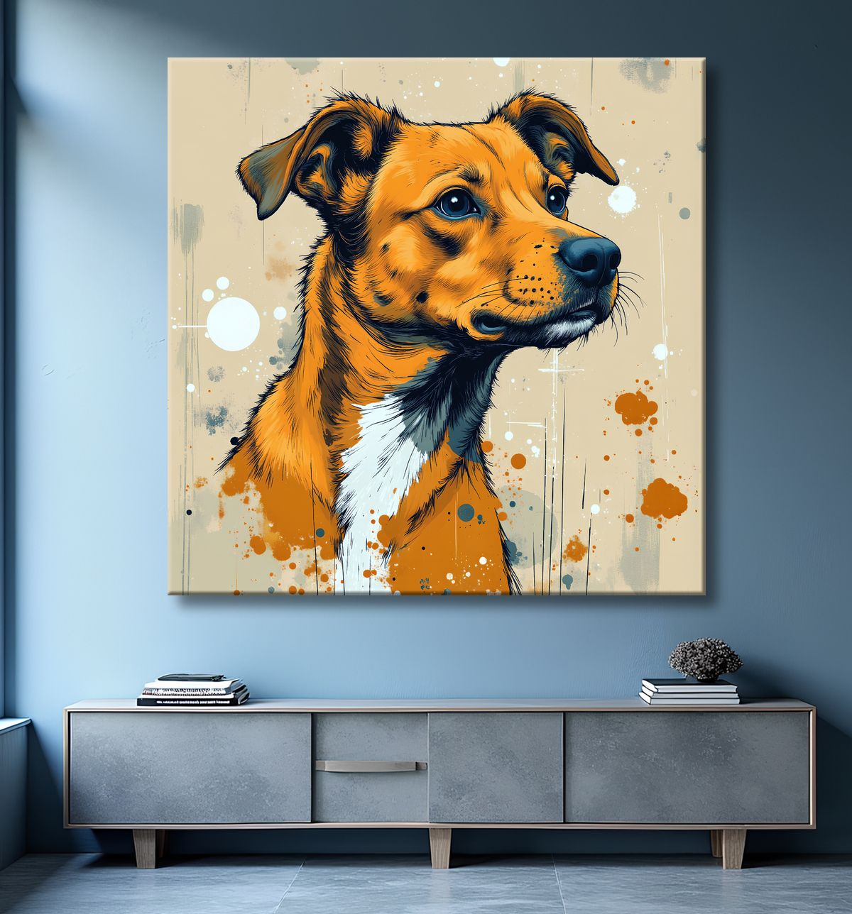 Tableau chien | Peinture chien moderne expressive avec decor