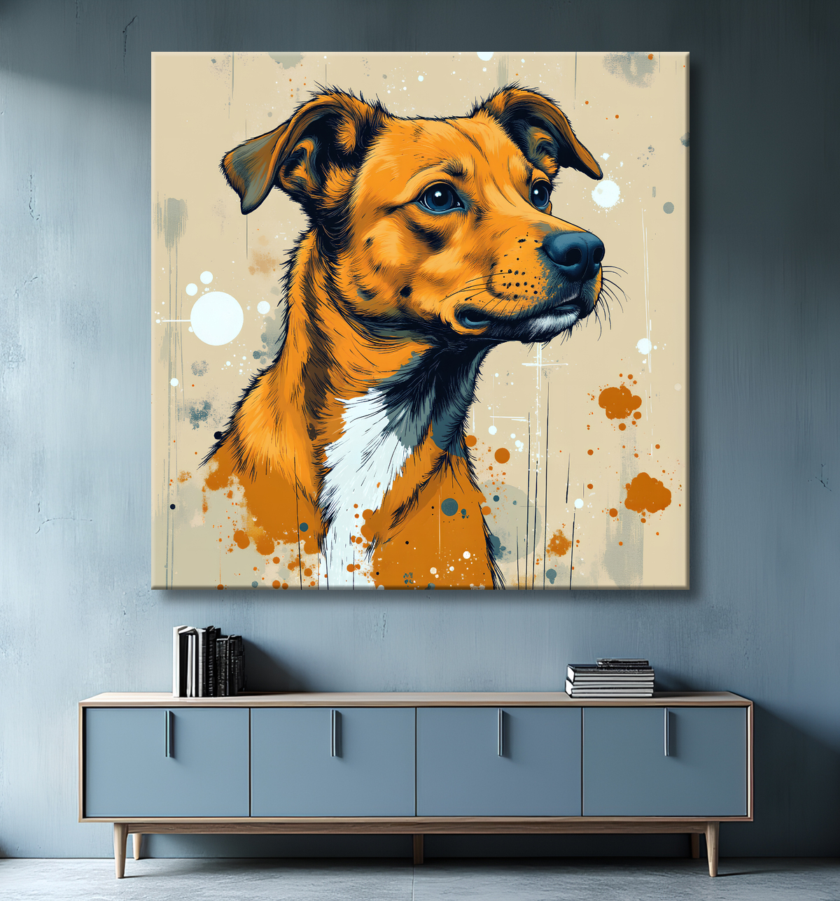 Tableau chien en peinture expressive moderne haut de gamme, impression française par Decotab.fr. Idéal pour une décoration chaleureuse et originale.