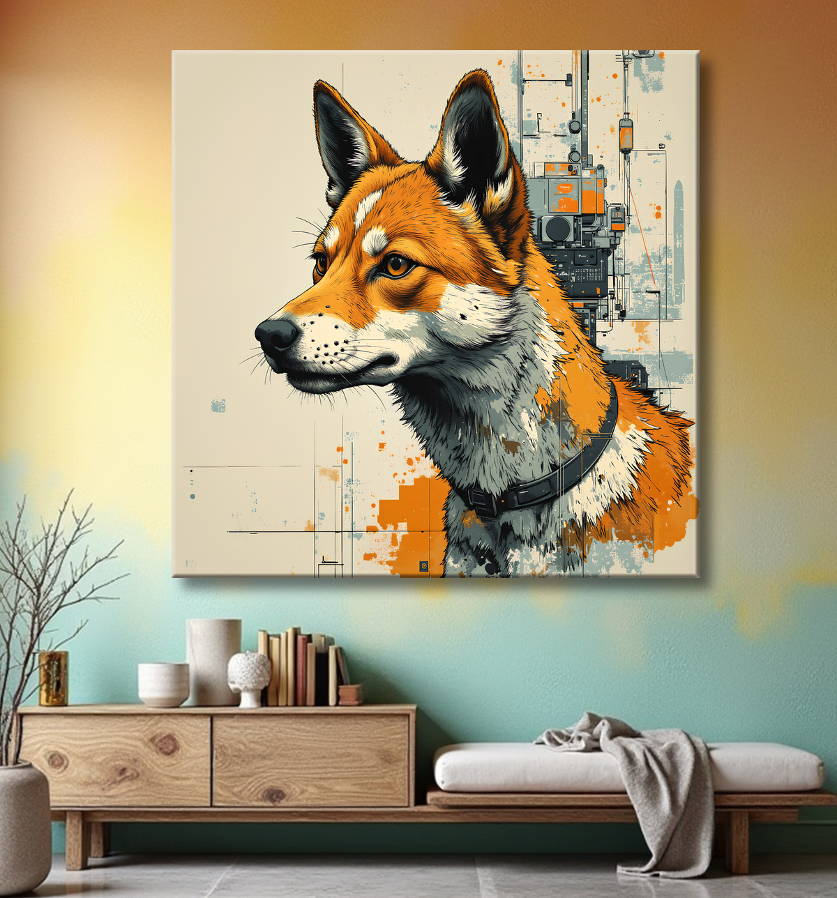 Tableau chien | Peinture chien moderne expressive avec decor