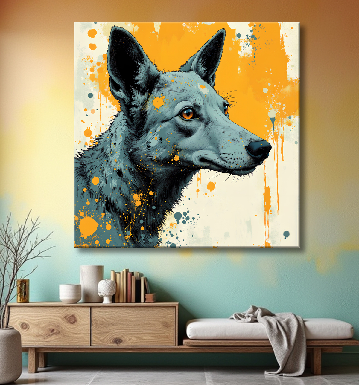 Tableau chien | Peinture chien moderne expressive avec decor