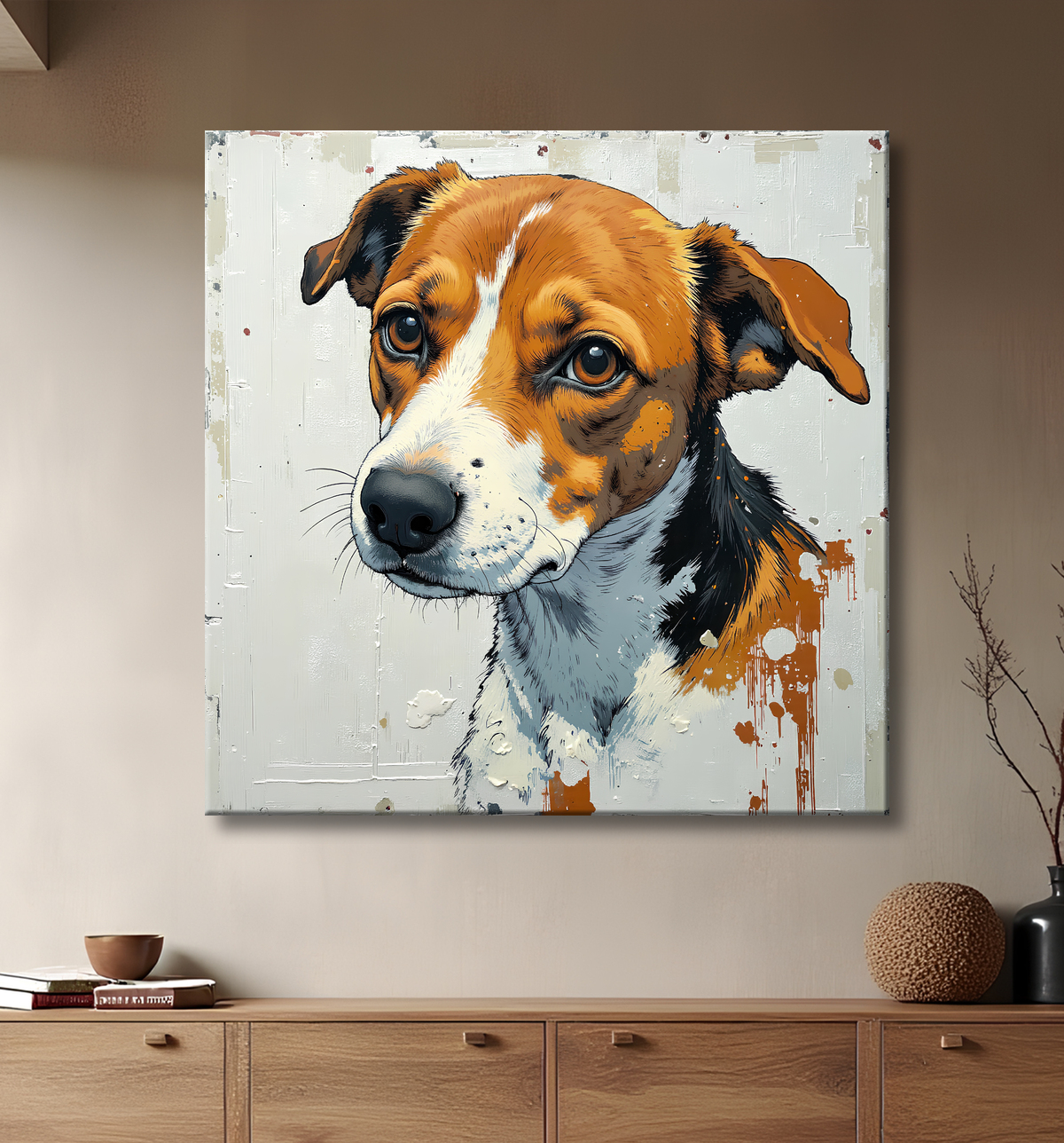 Tableau chien | Peinture chien moderne expressive avec decor