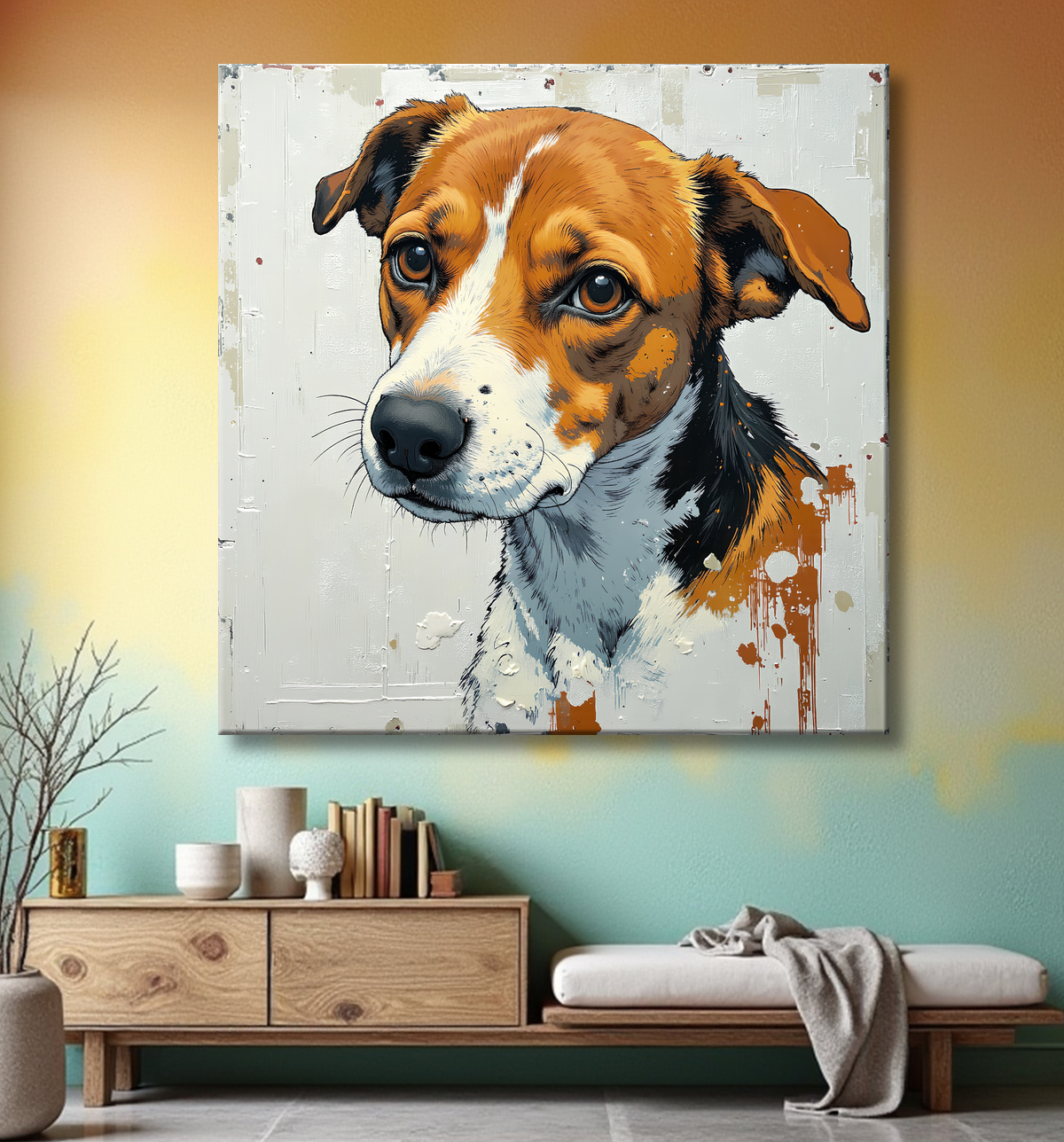 Tableau chien | Peinture chien moderne expressive avec decor