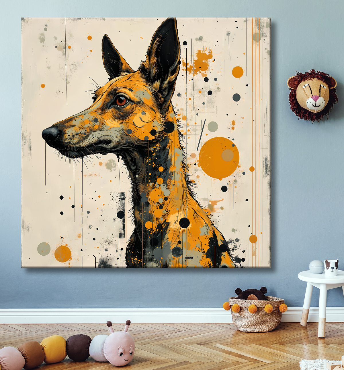 Tableau chien | Peinture chien moderne expressive avec decor