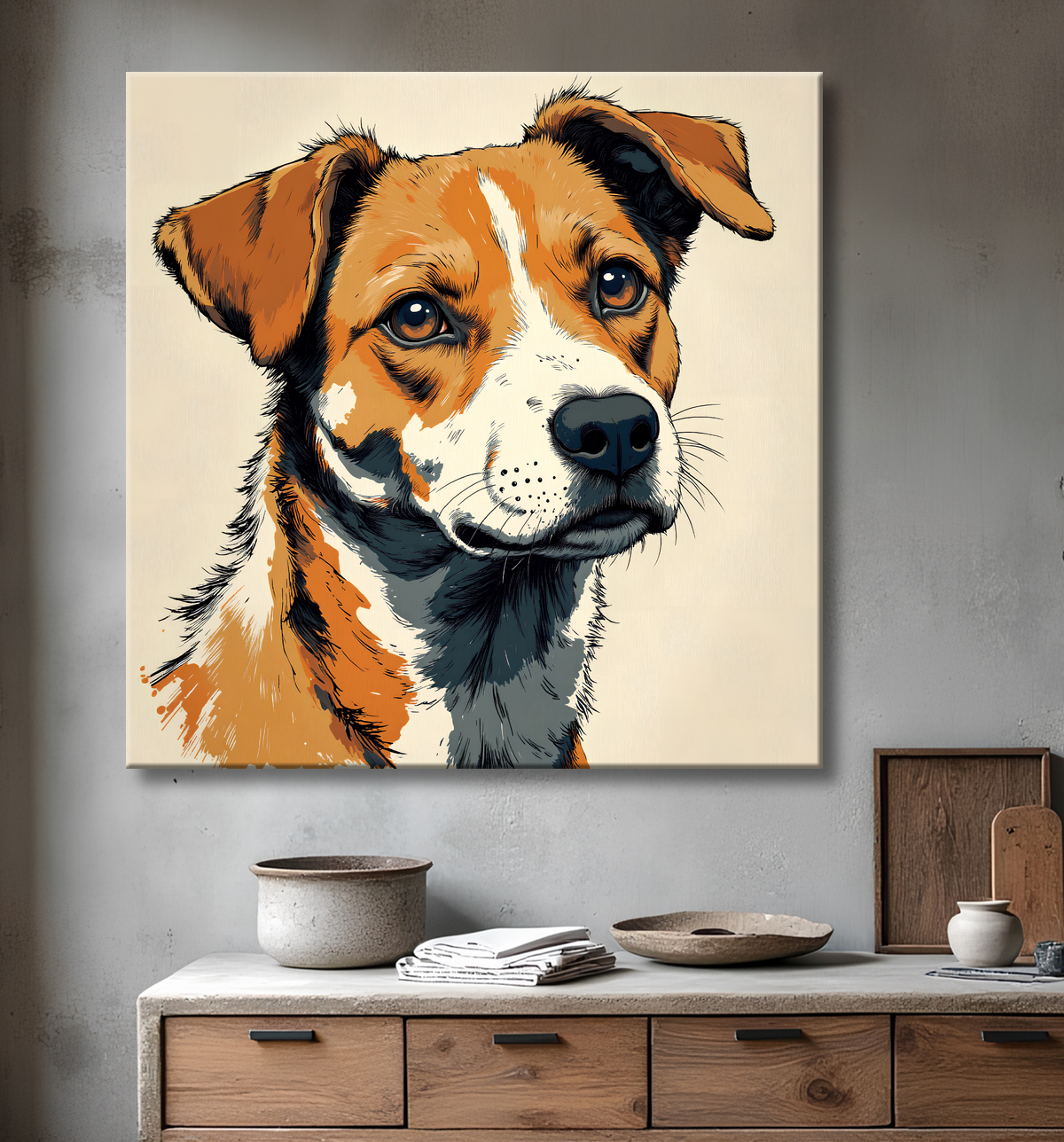 Tableau chien | Peinture chien moderne expressive avec decor