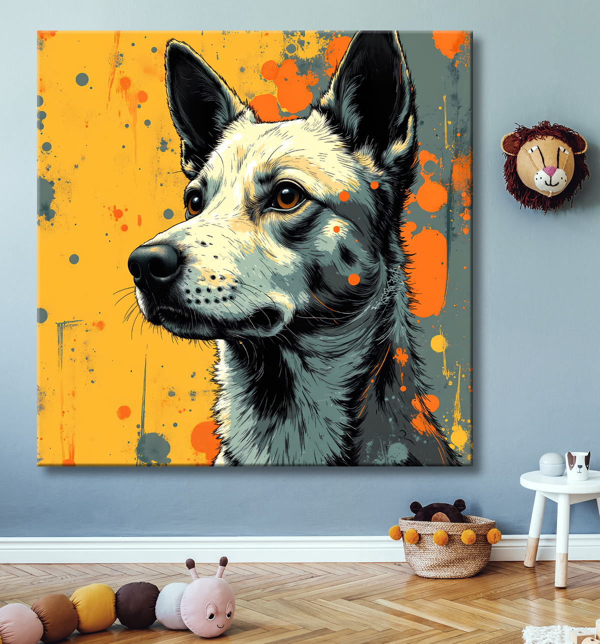 Tableau chien | Peinture chien moderne expressive avec decor