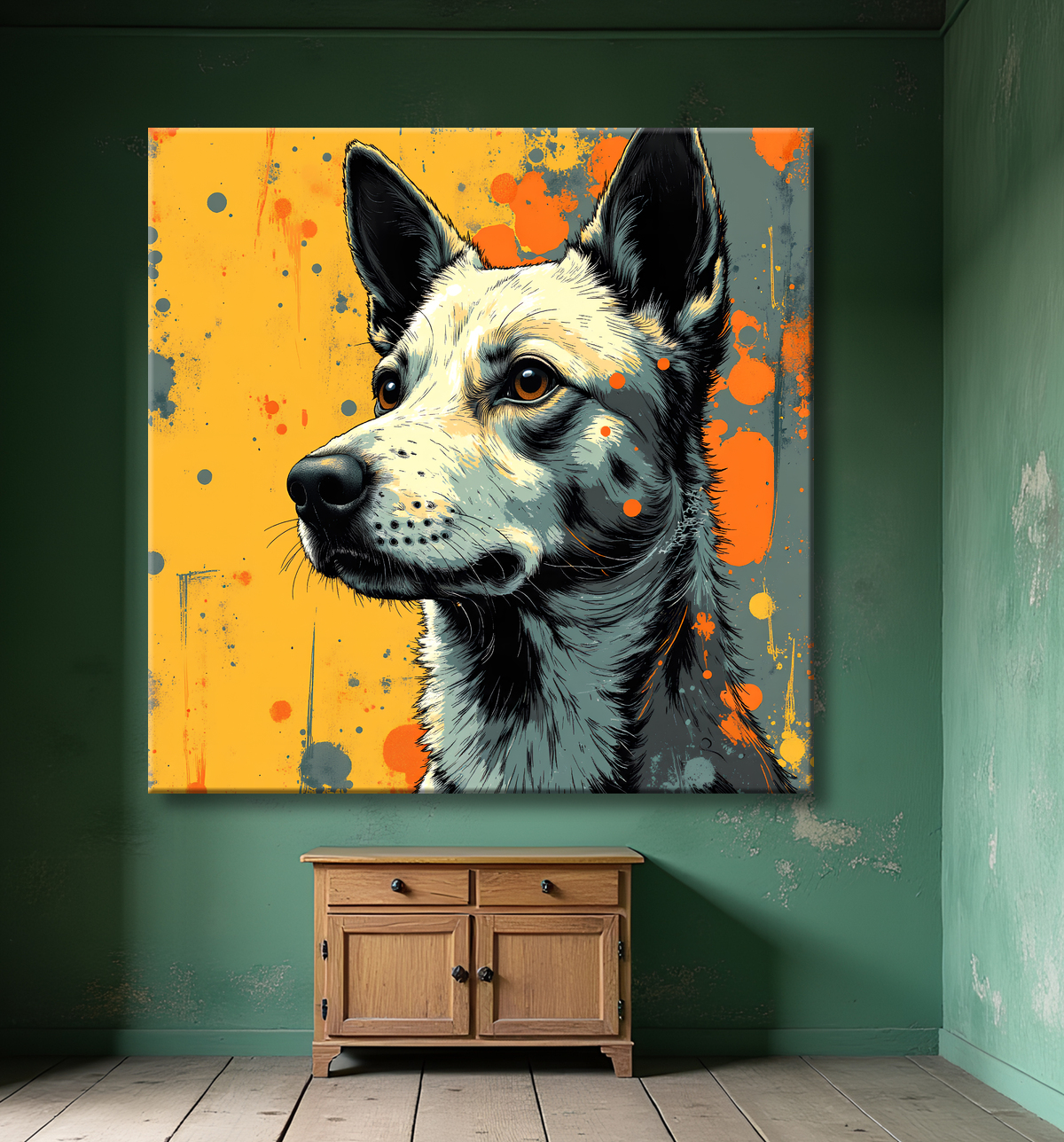 Tableau chien | Peinture chien moderne expressive avec decor