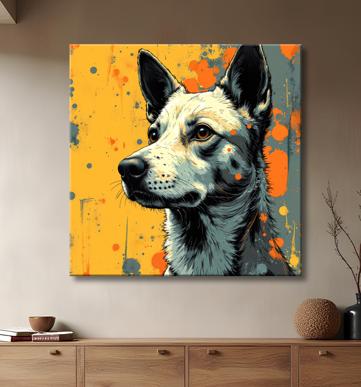 Tableau chien | Peinture chien moderne expressive avec decor