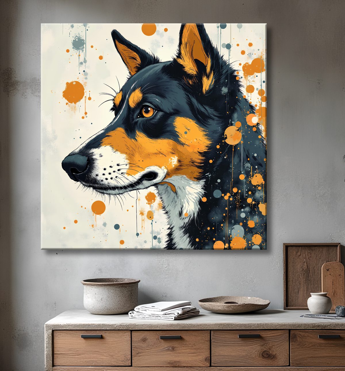 Tableau chien | Peinture chien moderne expressive avec decor