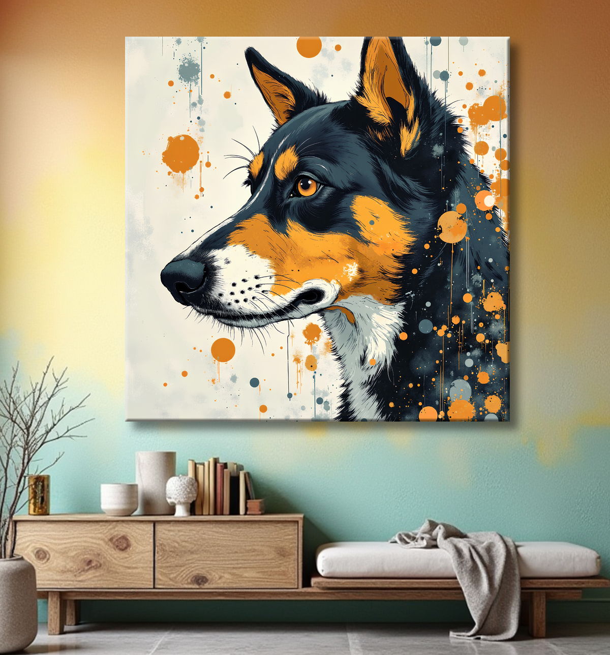 Tableau chien | Peinture chien moderne expressive avec decor