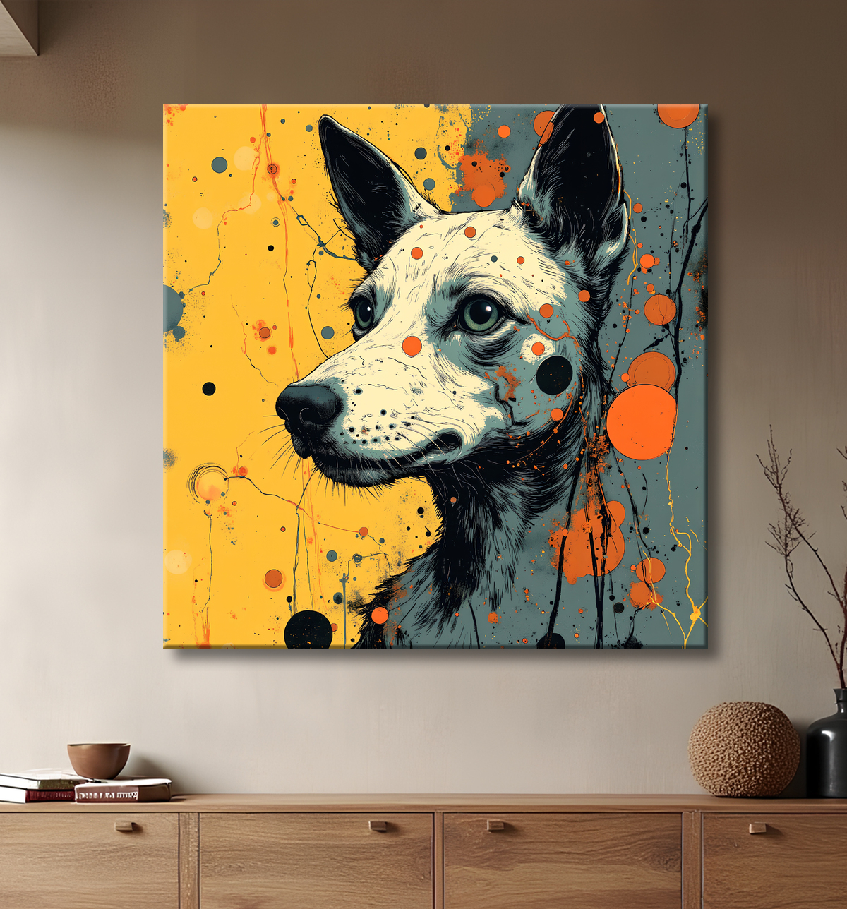Tableau chien | Peinture chien moderne expressive avec decor