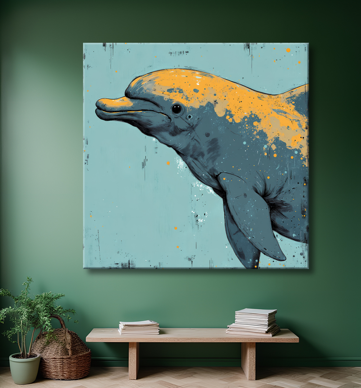 Tableau dauphin moderne - Peinture animalière expressive et graphique avec decor