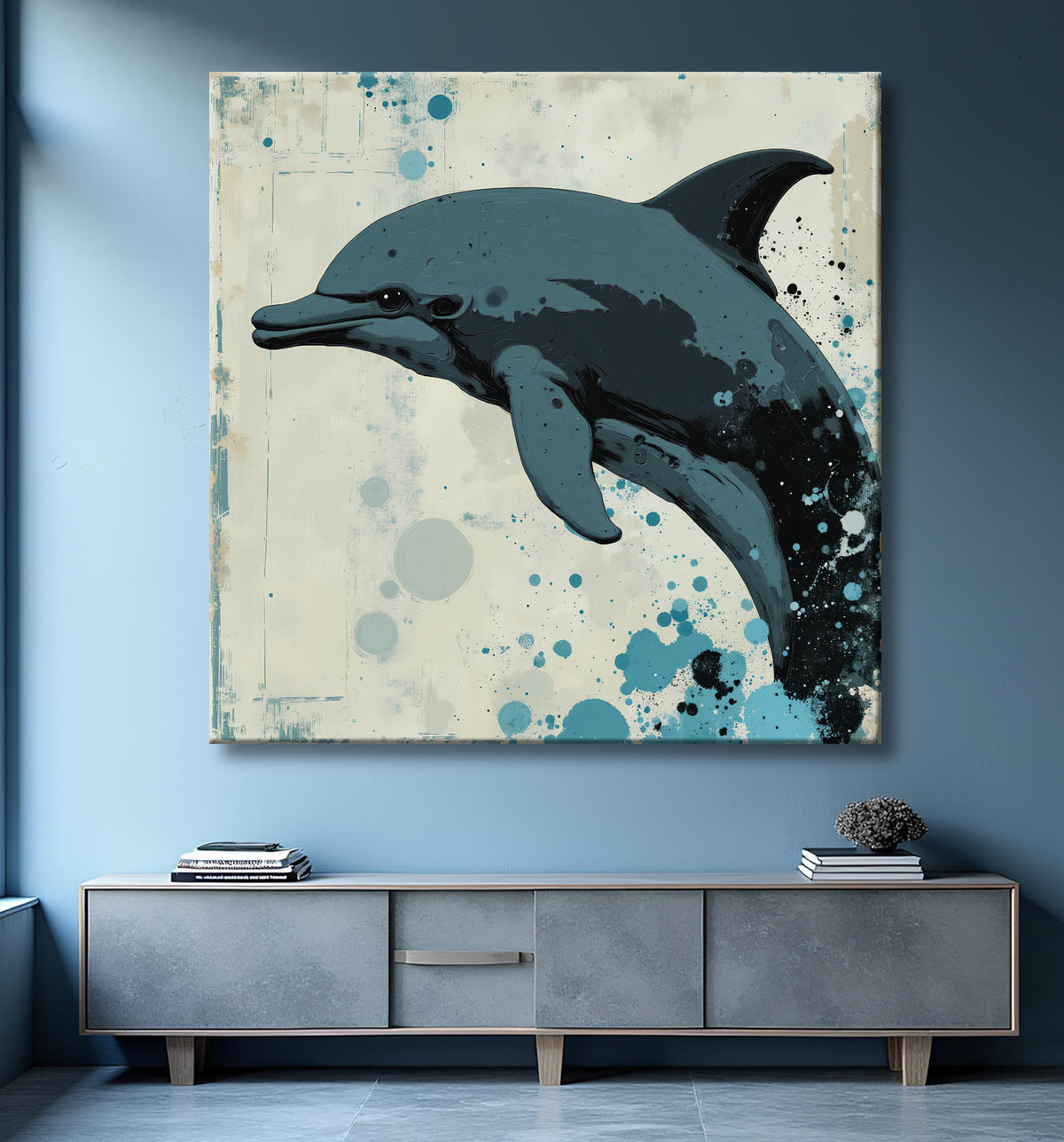 Tableau dauphin moderne - Peinture animalière expressive et graphique avec decor