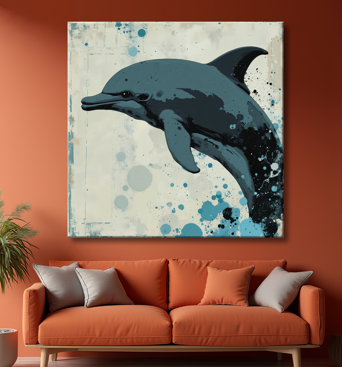 Tableau dauphin moderne - Peinture animalière expressive et graphique avec decor
