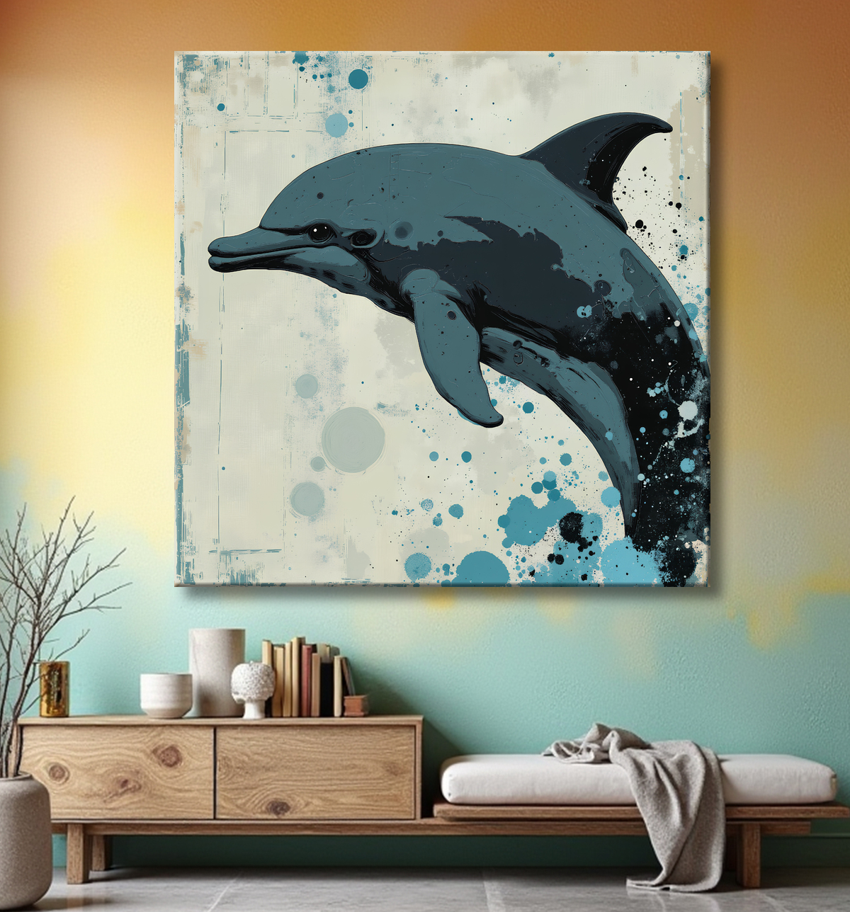 Tableau dauphin moderne - Peinture animalière expressive et graphique avec decor