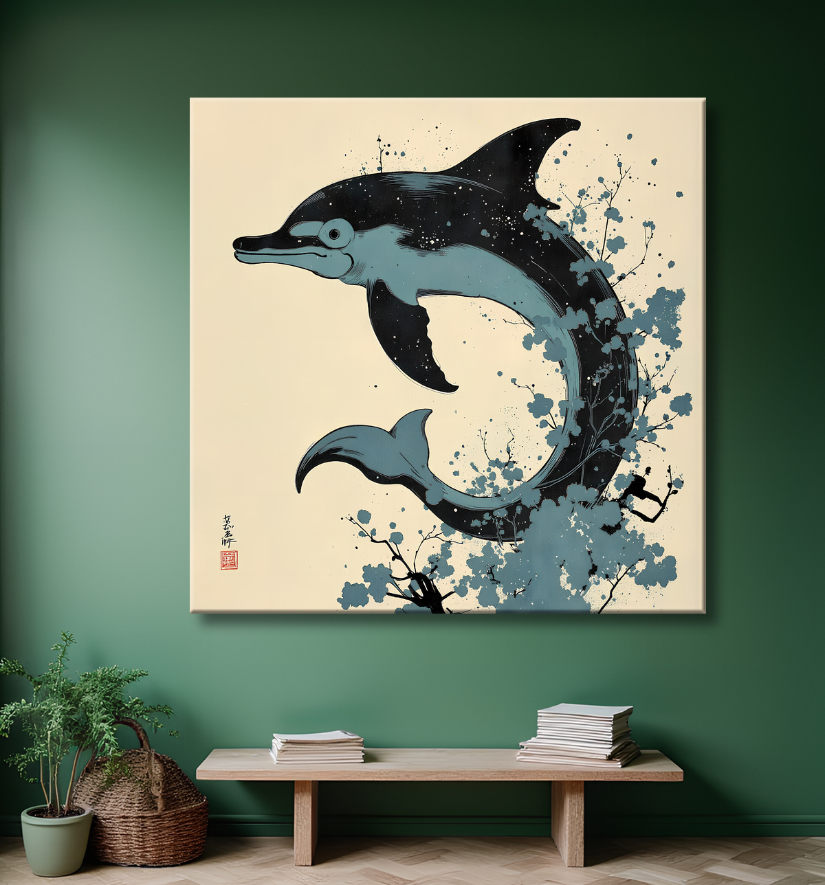 Tableau dauphin moderne - Peinture animalière expressive et graphique avec decor
