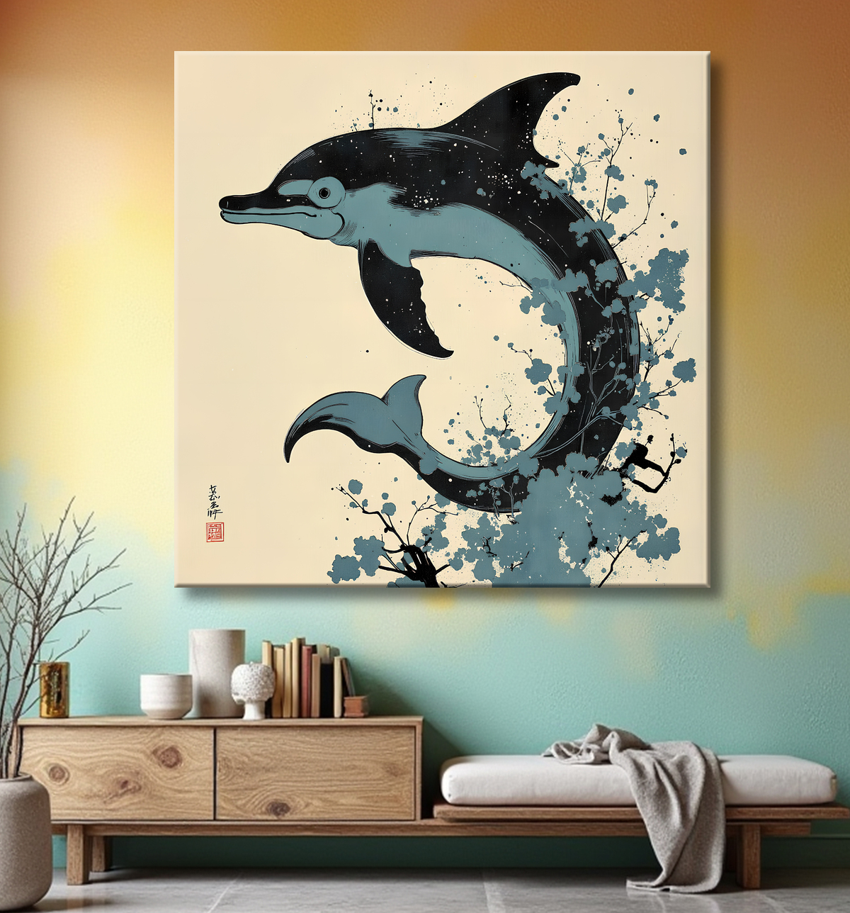 Tableau dauphin moderne - Peinture animalière expressive et graphique avec decor