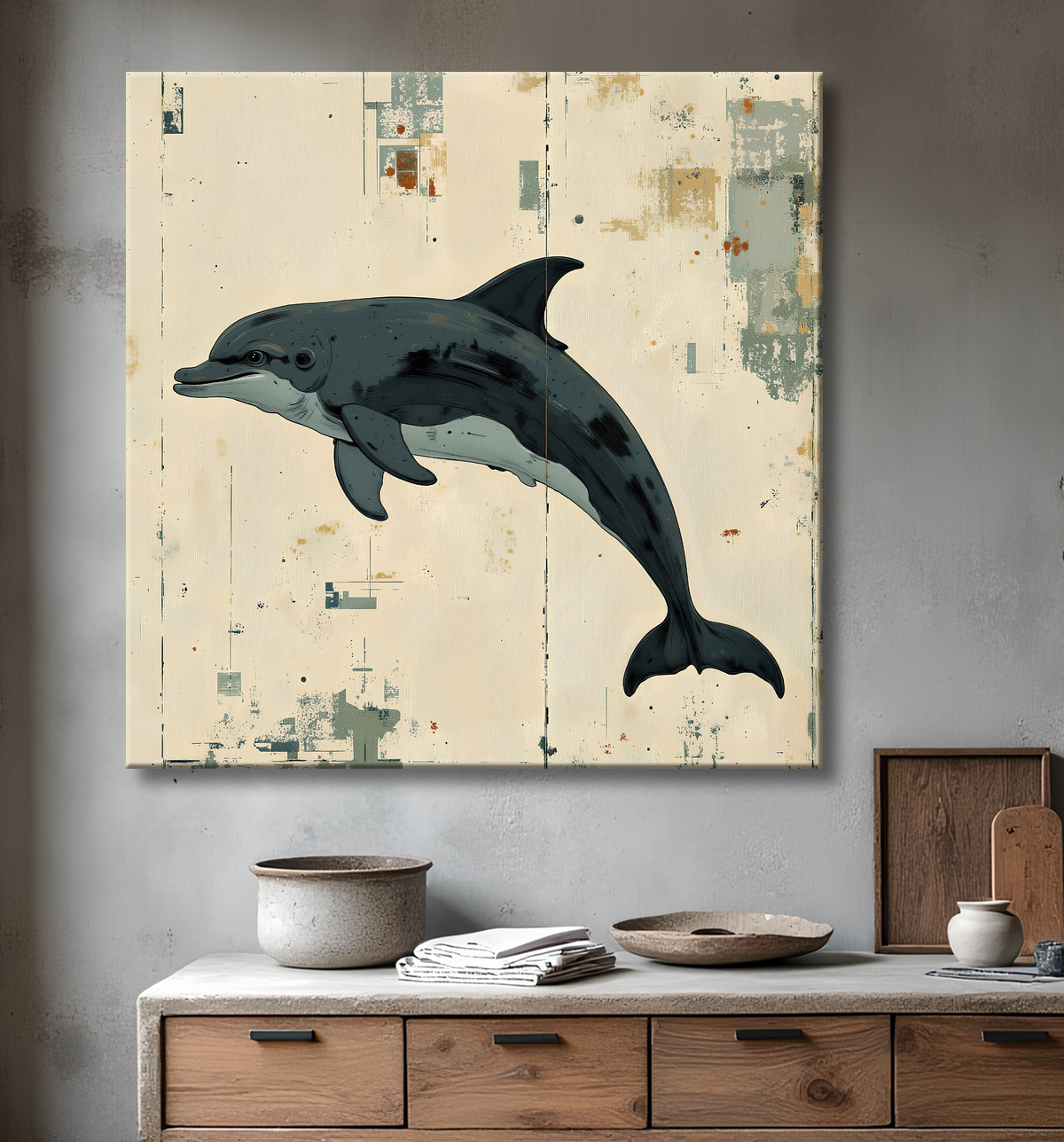 Tableau dauphin moderne - Peinture animalière expressive et graphique avec decor