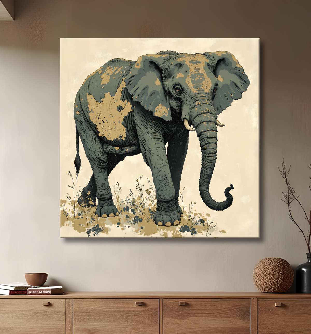 Tableau éléphant - Peinture expressive moderne avec decor