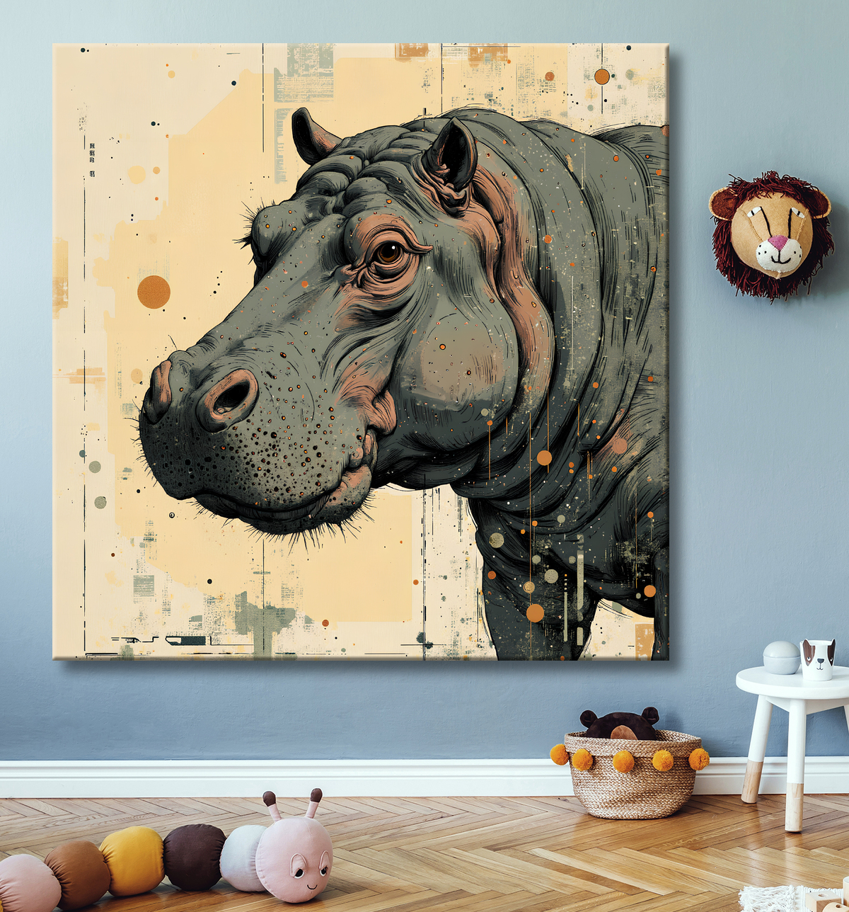 Tableau hippopotame - Peinture expressive moderne avec decor