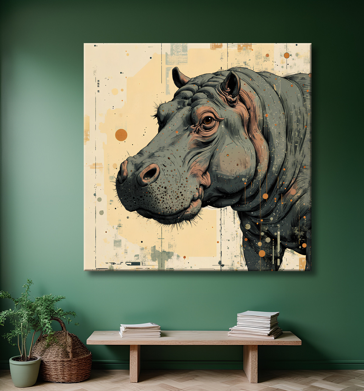 Tableau hippopotame - Peinture expressive moderne avec decor