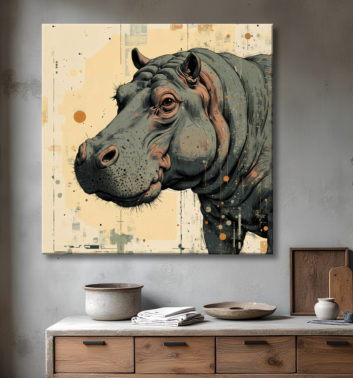 Tableau hippopotame - Peinture expressive moderne avec decor