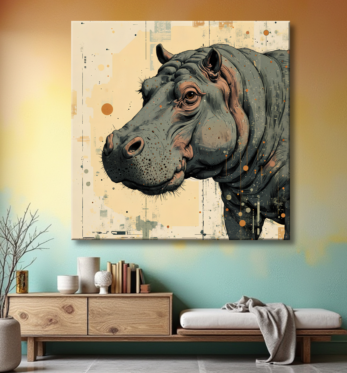 Tableau hippopotame - Peinture expressive moderne avec decor