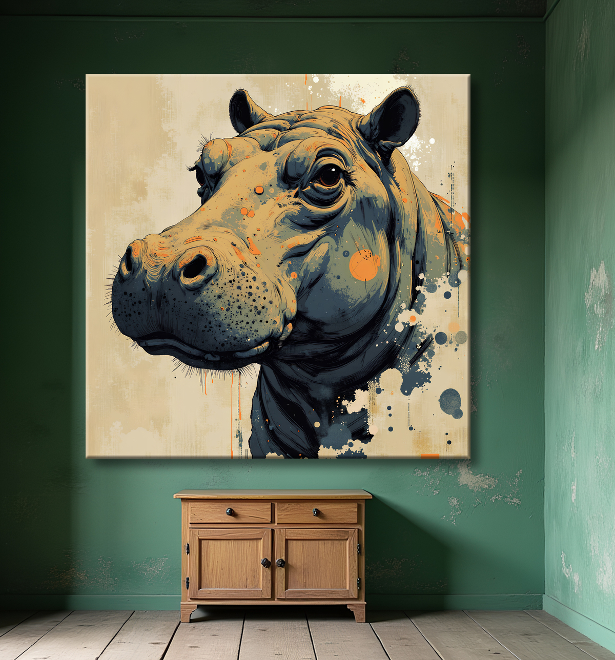 Tableau hippopotame - Peinture expressive moderne avec decor