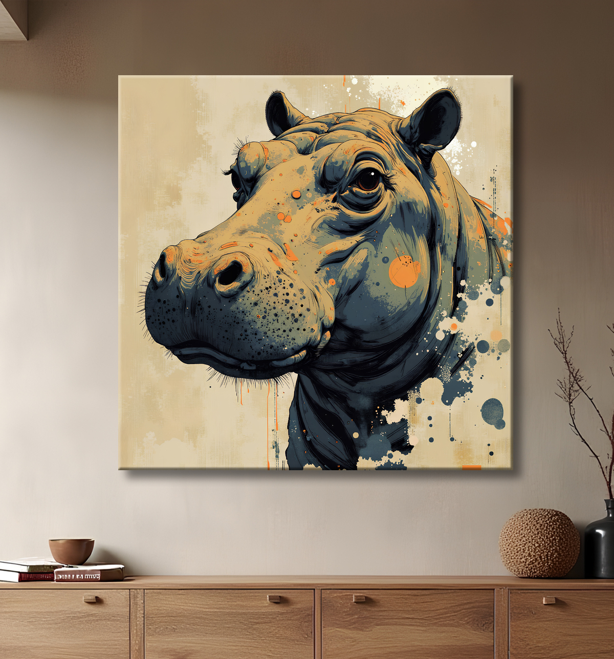 Tableau hippopotame - Peinture expressive moderne avec decor