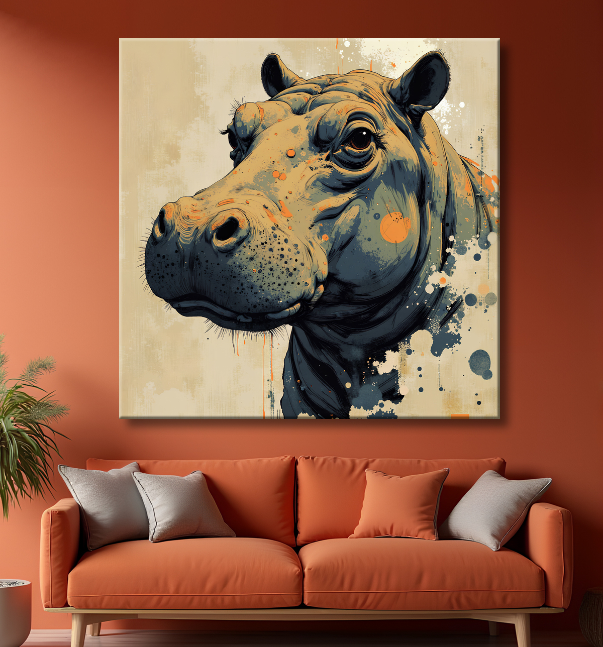 Tableau hippopotame - Peinture expressive moderne avec decor