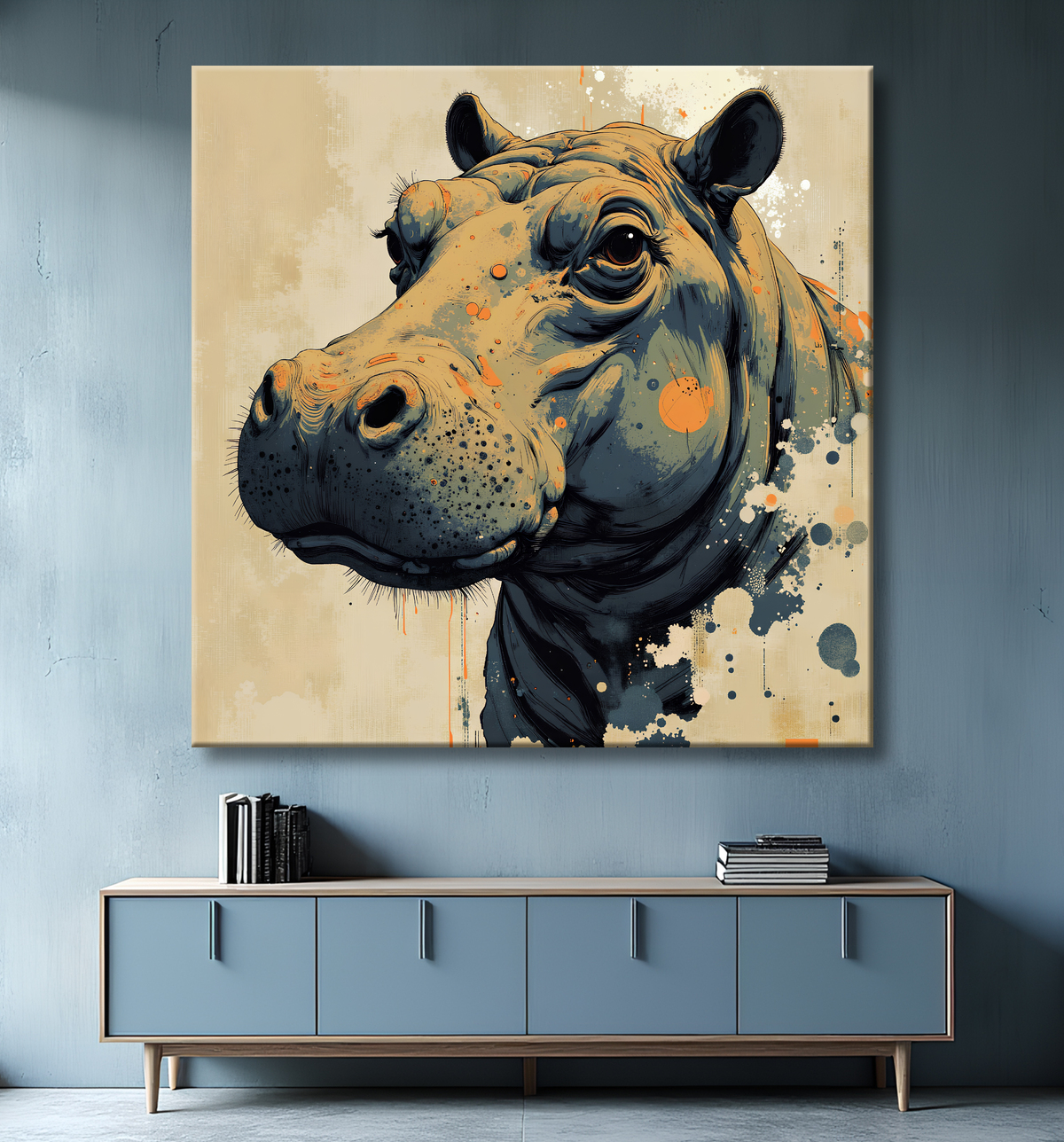 Tableau hippopotame - Peinture expressive moderne avec decor
