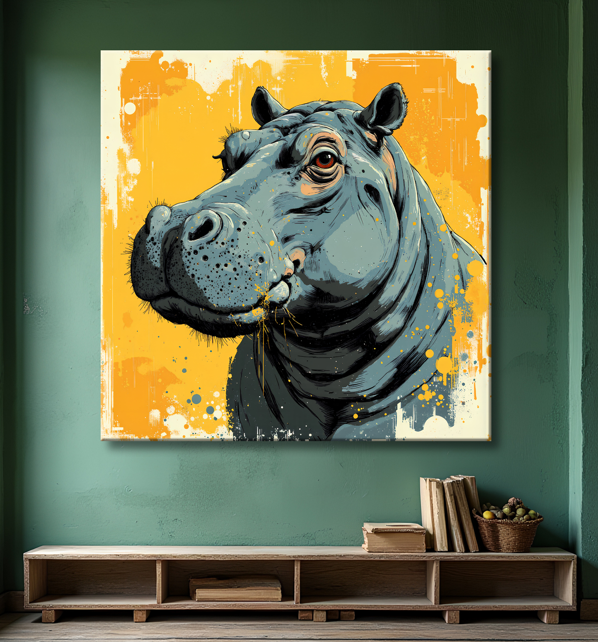 Tableau hippopotame - Peinture expressive moderne avec decor