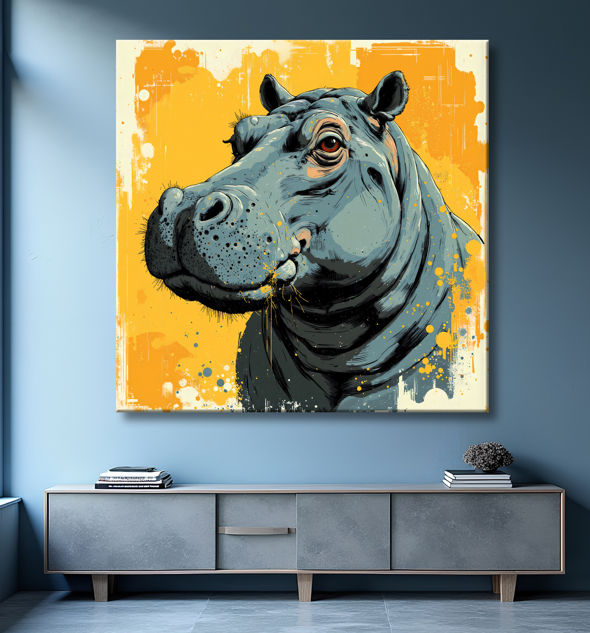 Tableau hippopotame - Peinture expressive moderne avec decor
