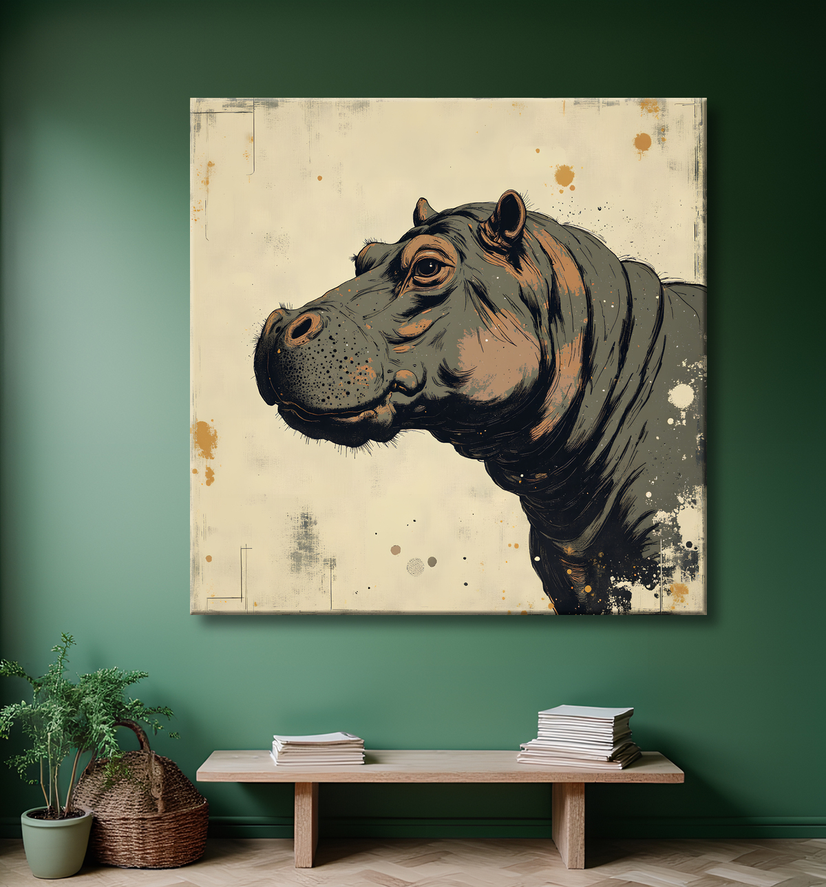 Tableau hippopotame - Peinture expressive moderne avec decor