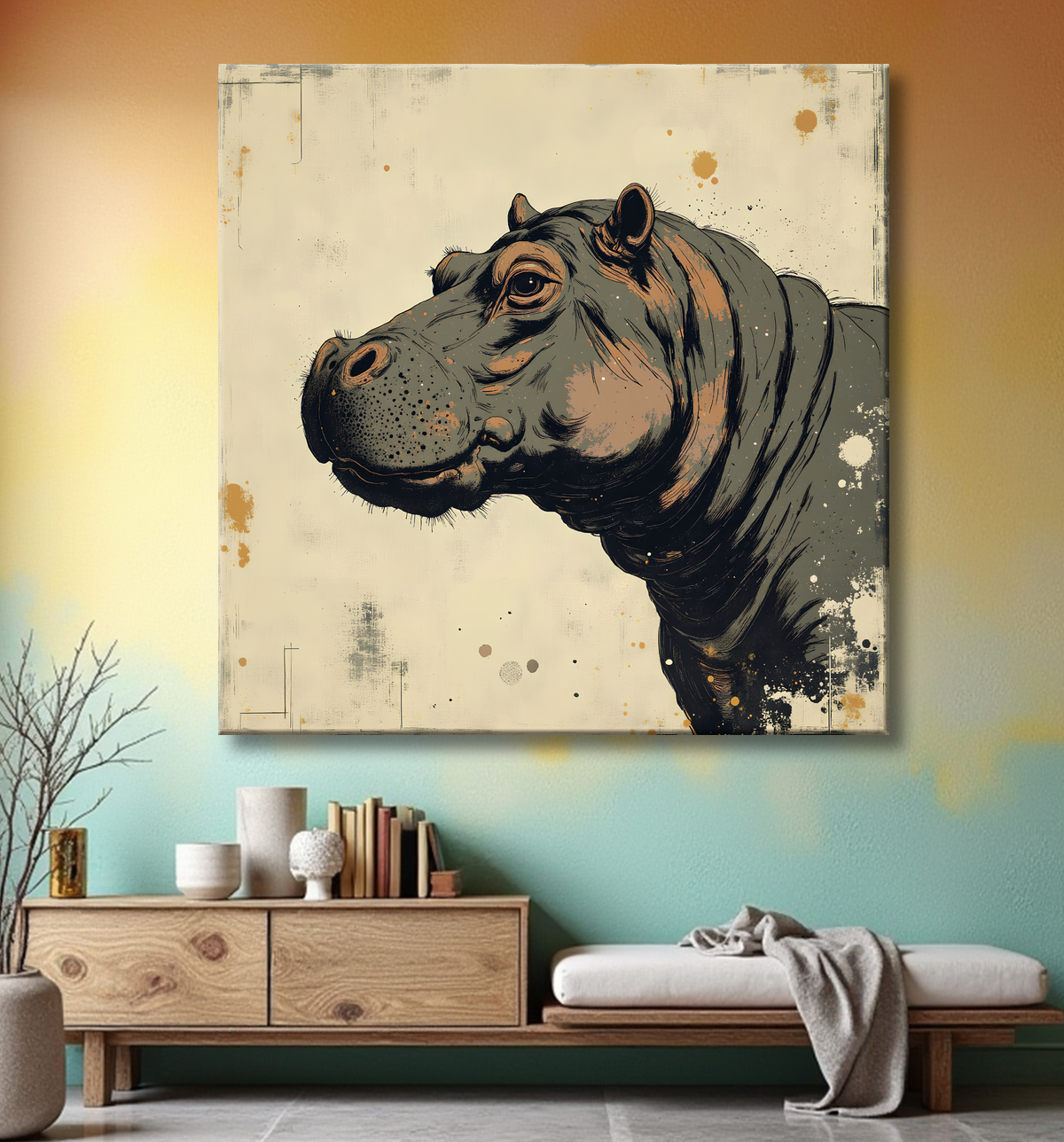 Tableau hippopotame - Peinture expressive moderne avec decor