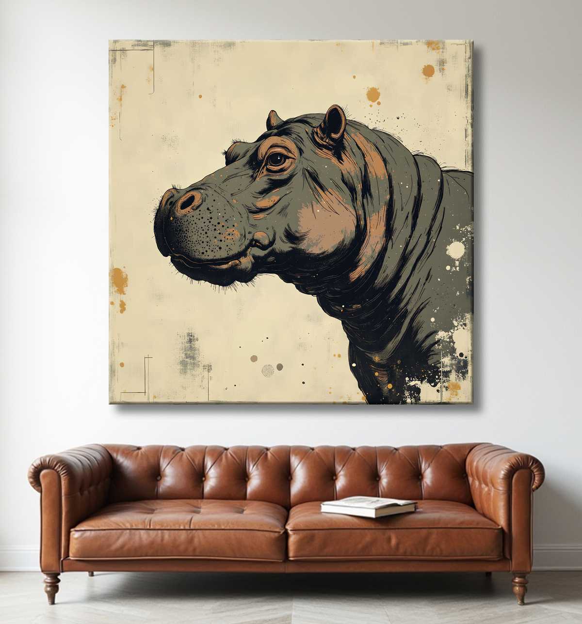 Tableau hippopotame - Peinture expressive moderne avec decor