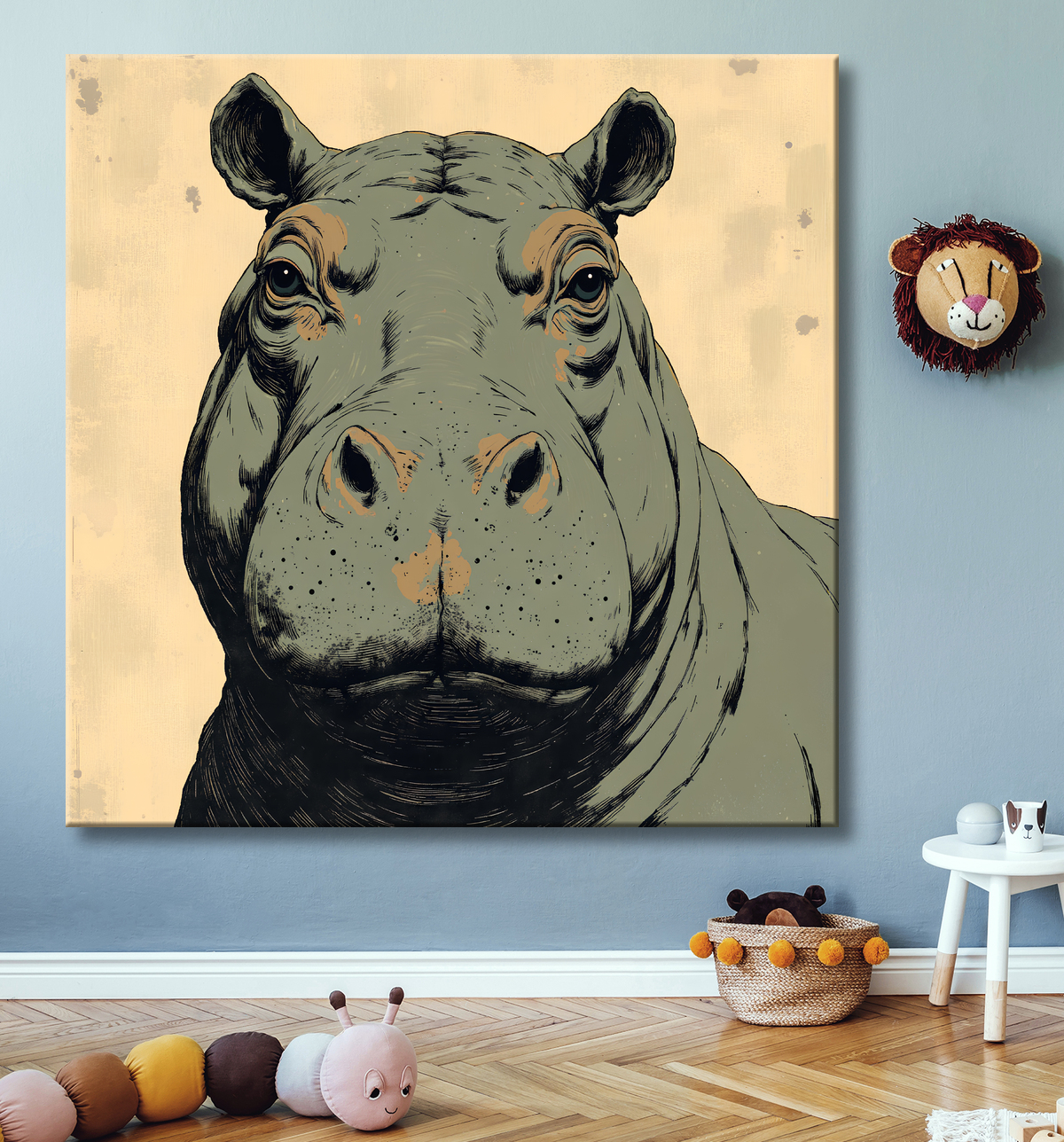 Tableau hippopotame - Peinture expressive moderne avec decor