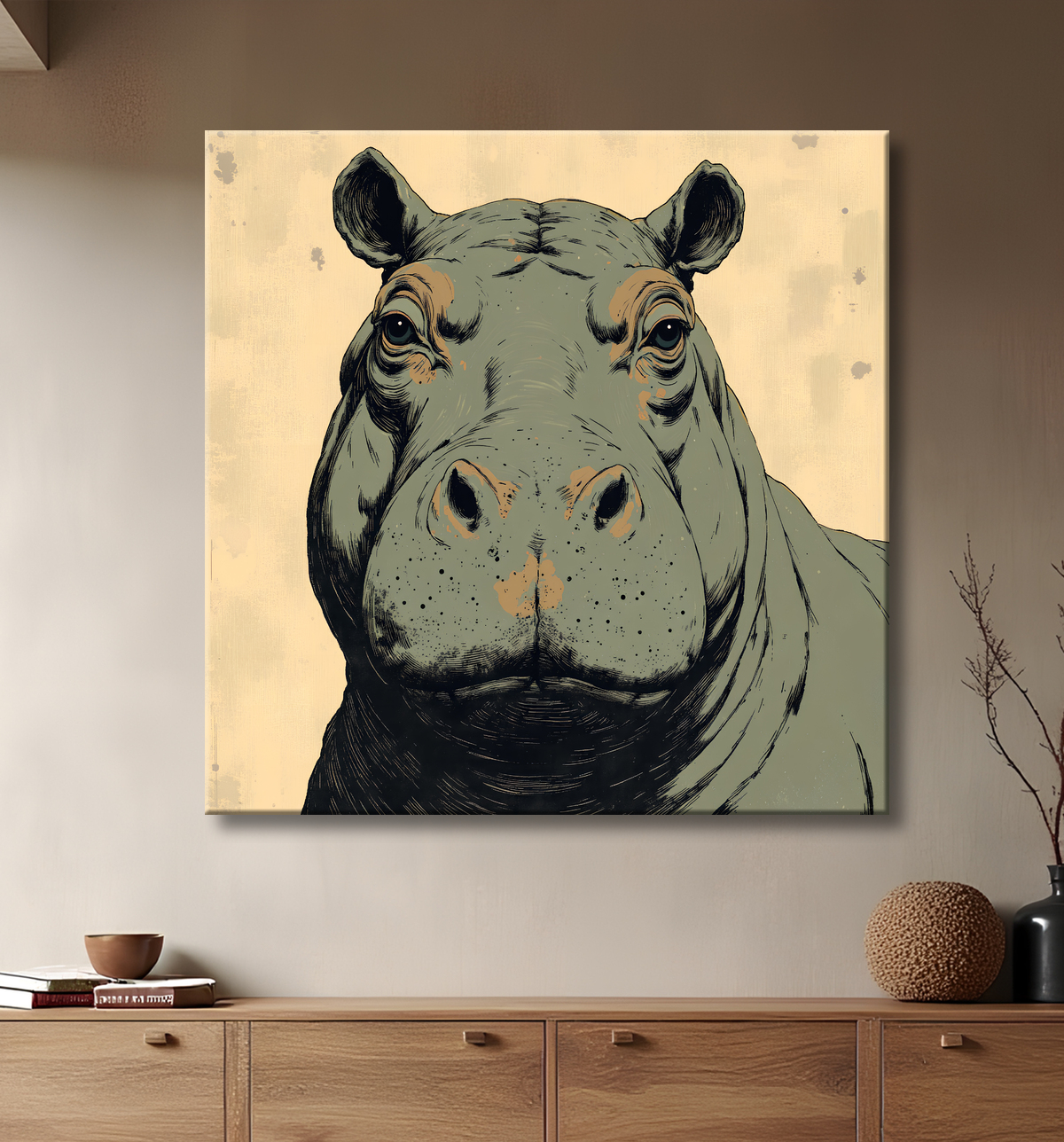 Tableau hippopotame - Peinture expressive moderne avec decor